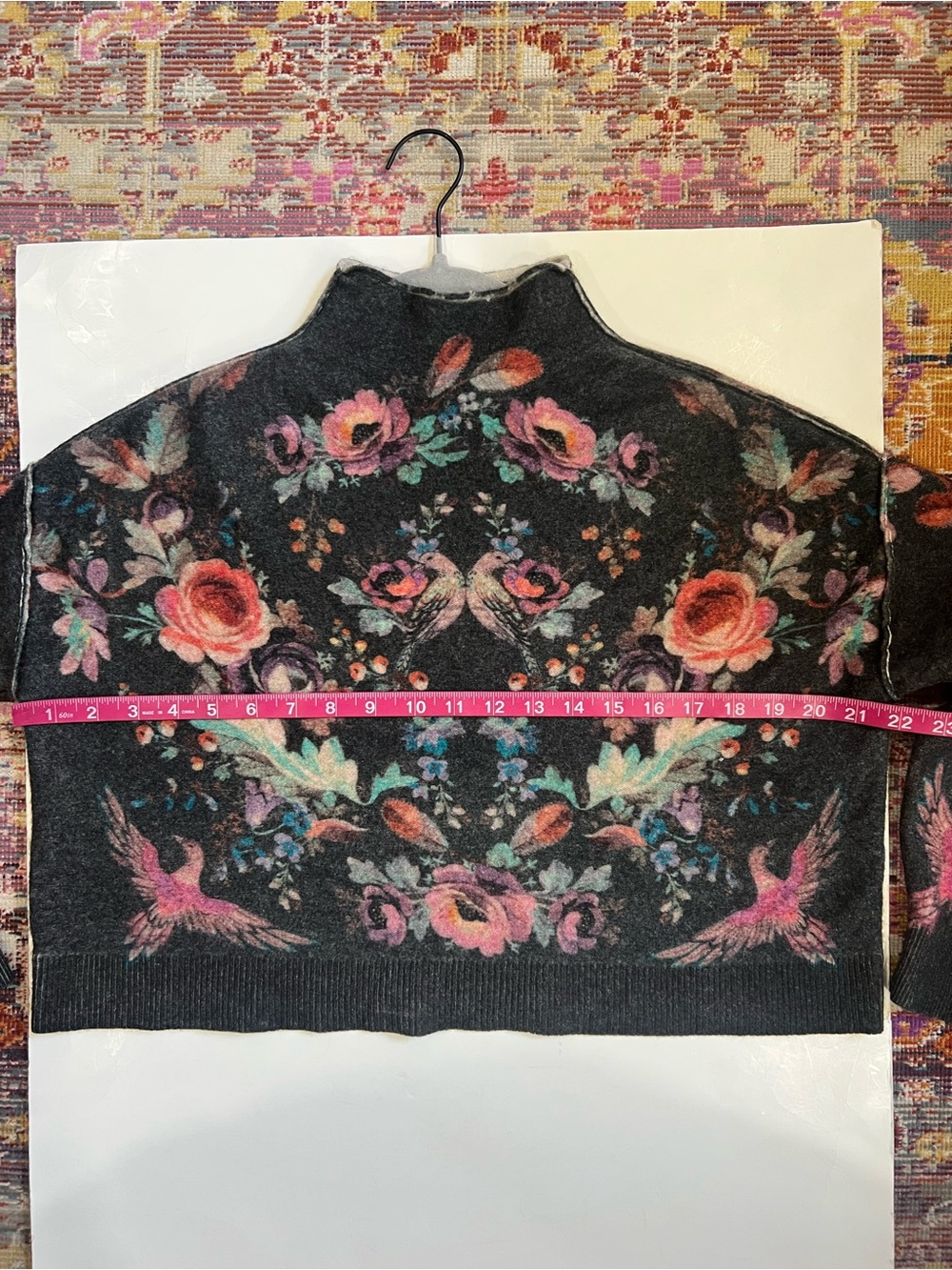 Pilcro Charcoal Mock neck Cashmere Sweater with Multicolor Floral & Bird Motif - Picture 8 of 9